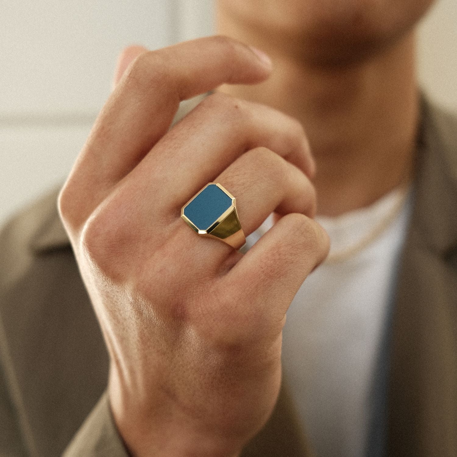 Gouden Zegelring Man Blauwe Steen