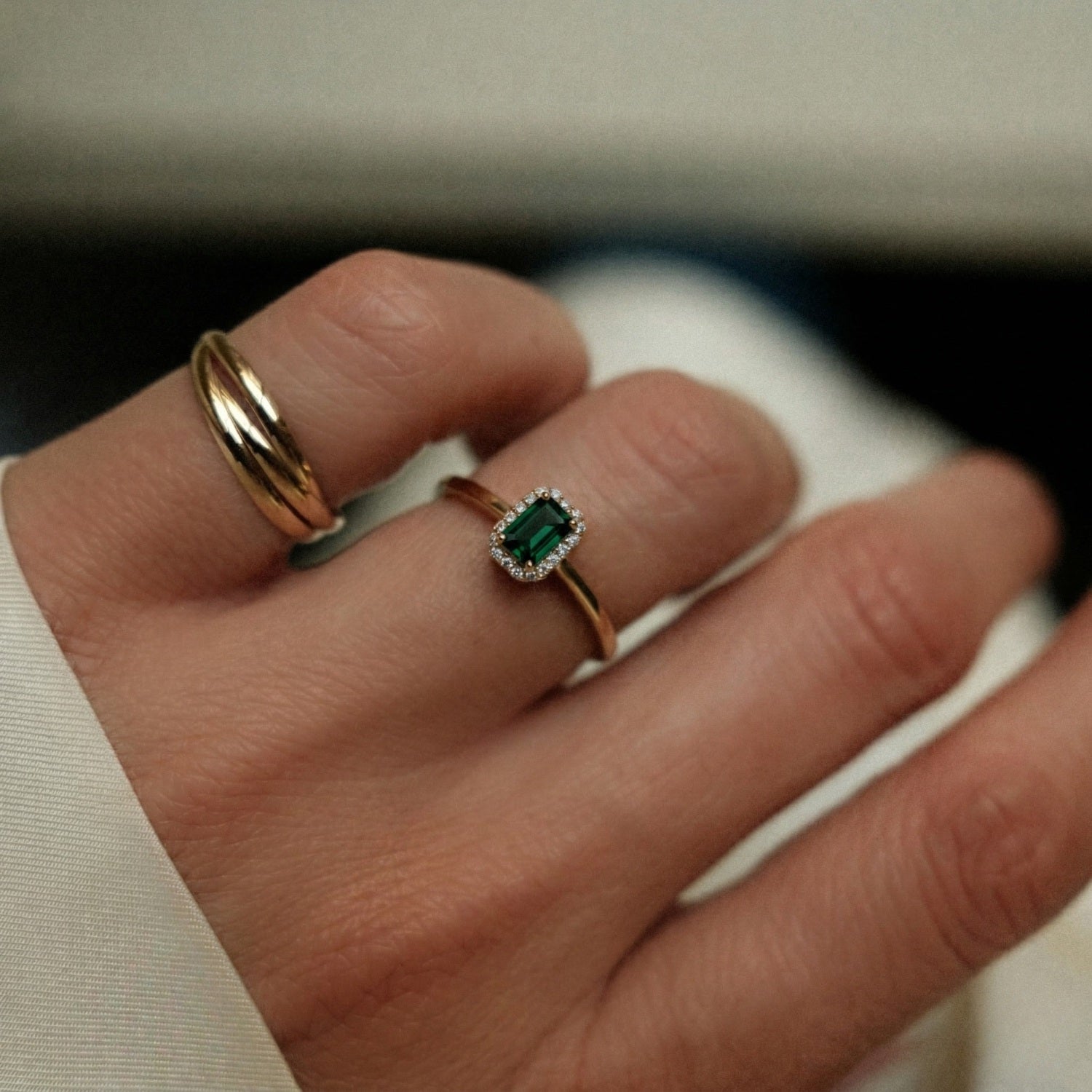 Green Baguette Halo Ring