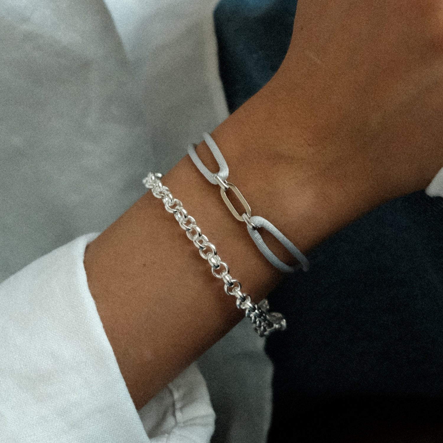 Jasseron and satin bracelet silver