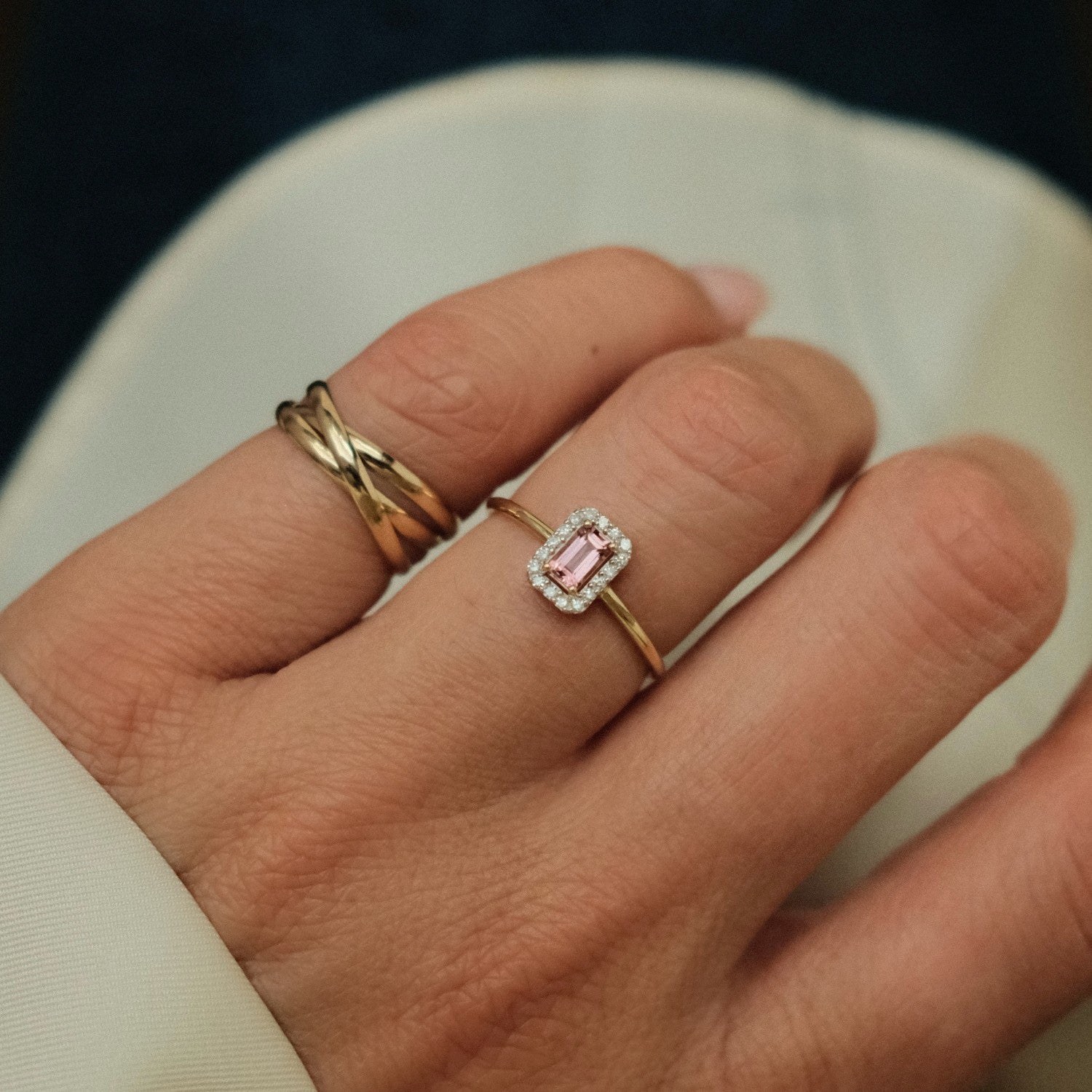 Pink tourmaline halo ring