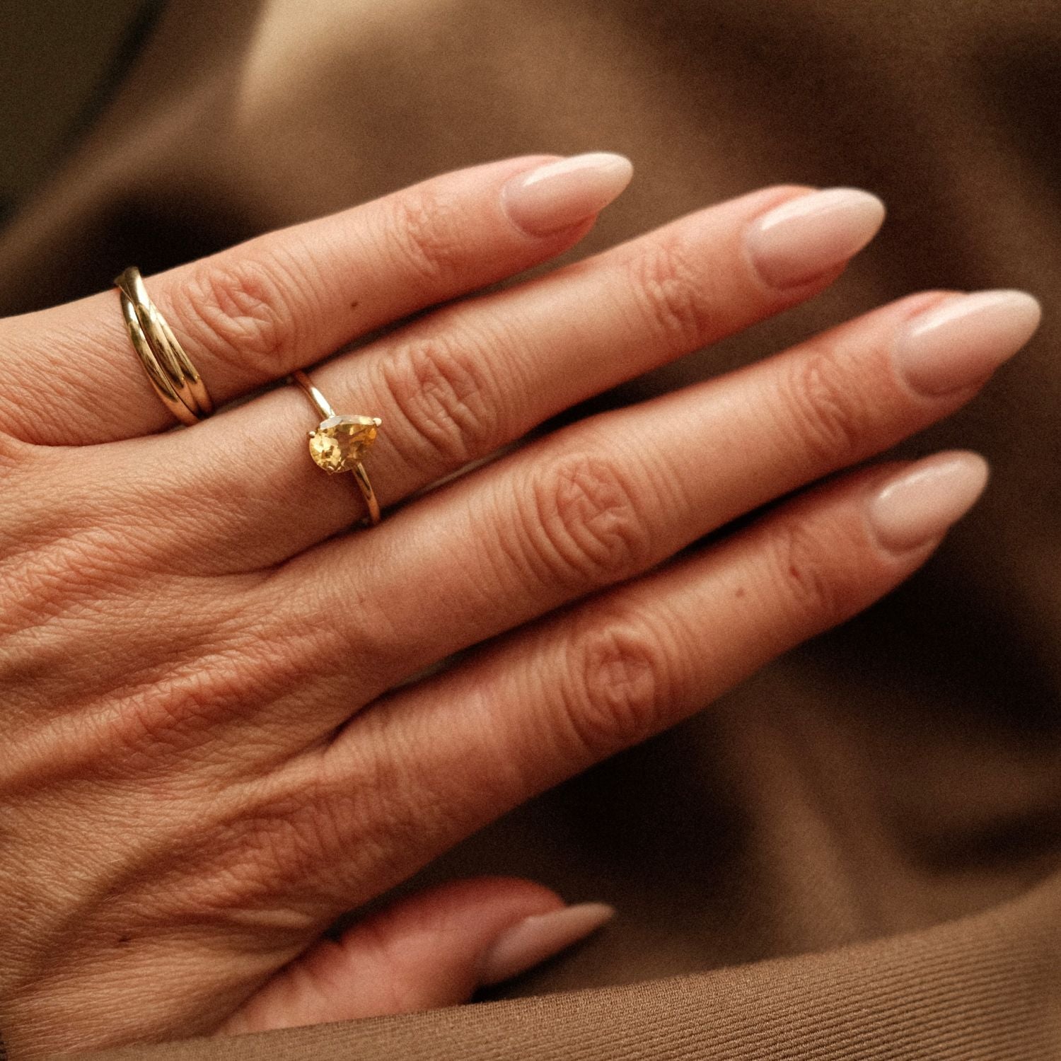 Gele Citrien Druppel Ring Goud